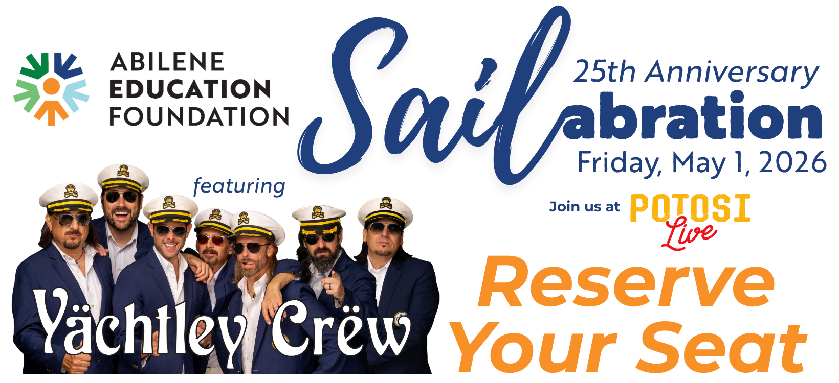 reserve your seat for sailabration, AEF's 25th anniversary reunion featuring the yacht rock cover band Yächtley Crëw